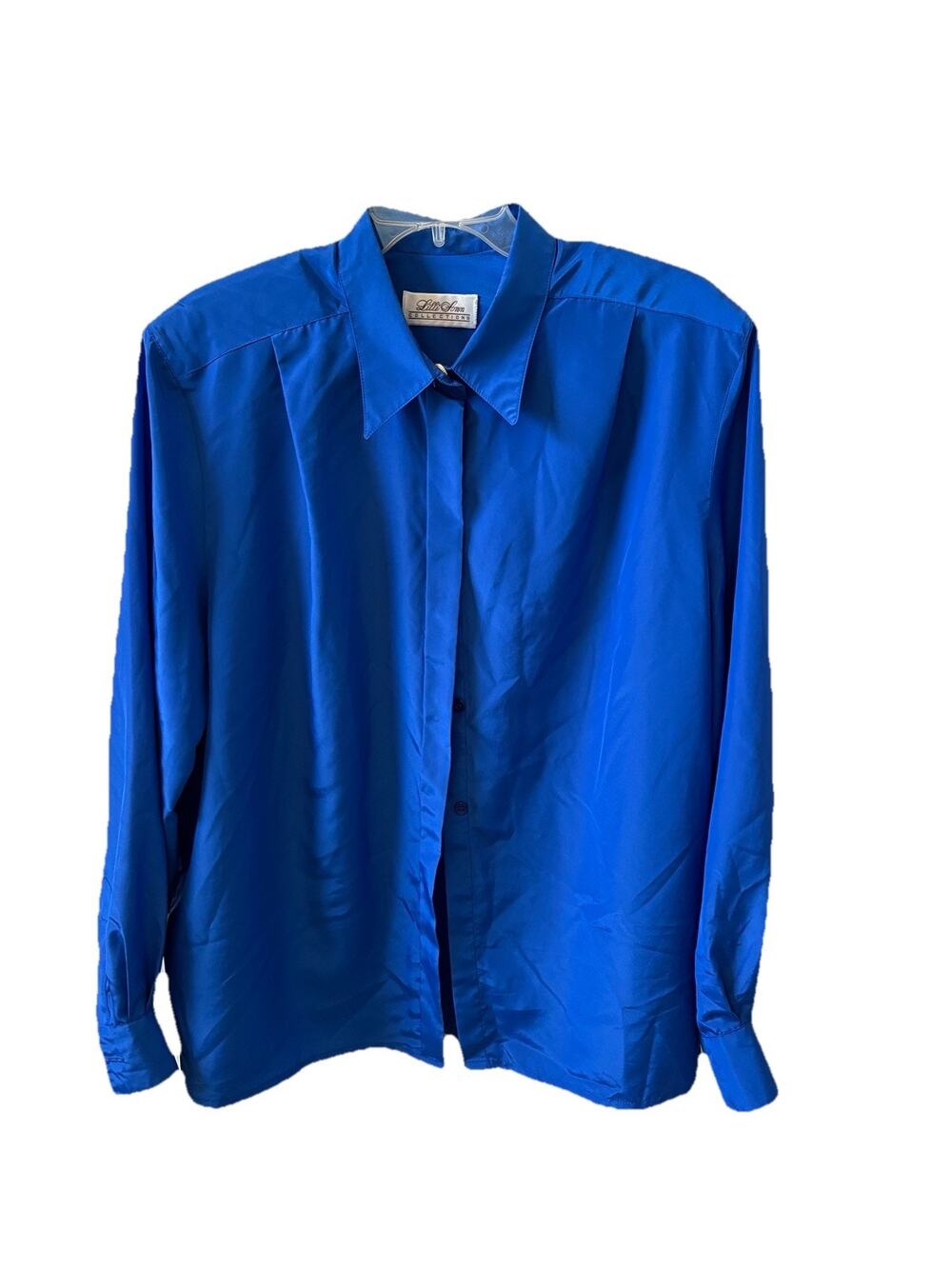 Vintage LILLI & COLLECTION Blue SATIN Button-Up Anchor Buttons Career BLOUSE/TOP